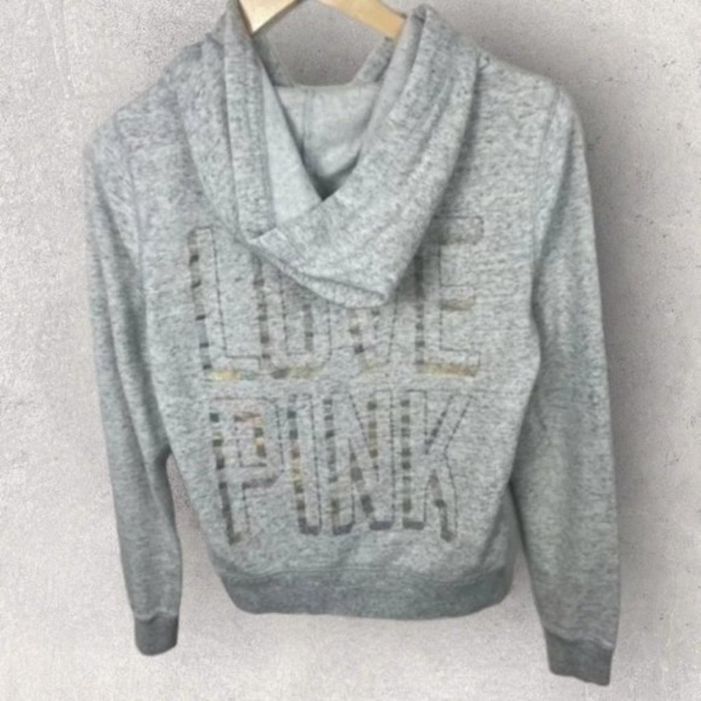 Victoria Secret LOVE PINK Hoodie Sweatshirt Grey Size XS Hooded Holographic Top
